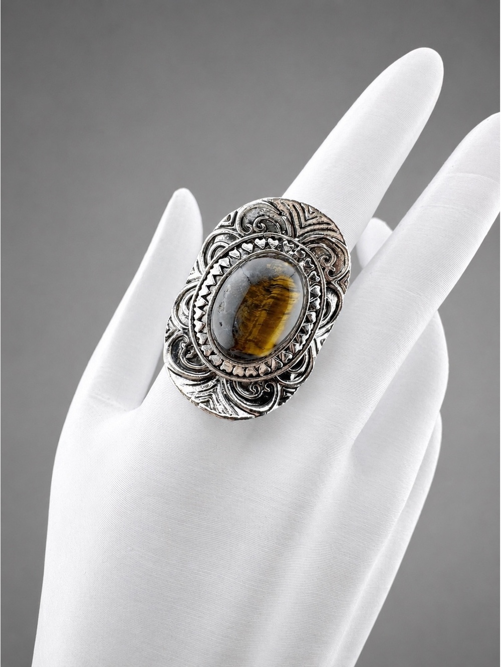 Unique Silver Tone Ring with Tiger's Eye Stone